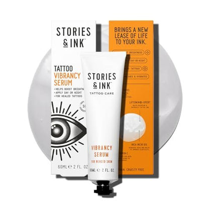 Stories & Ink Tattoo Care Vibrancy Serum – Brightening Treatment for Healed Tattoos, Restores Faded Ink Color, Lightweight Hydrating Aftercare, 60 mL (2 Fl Oz) Avelisse