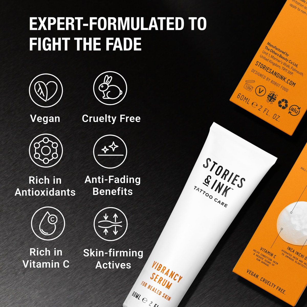 Stories & Ink Tattoo Care Vibrancy Serum – Brightening Treatment for Healed Tattoos, Restores Faded Ink Color, Lightweight Hydrating Aftercare, 60 mL (2 Fl Oz) Avelisse
