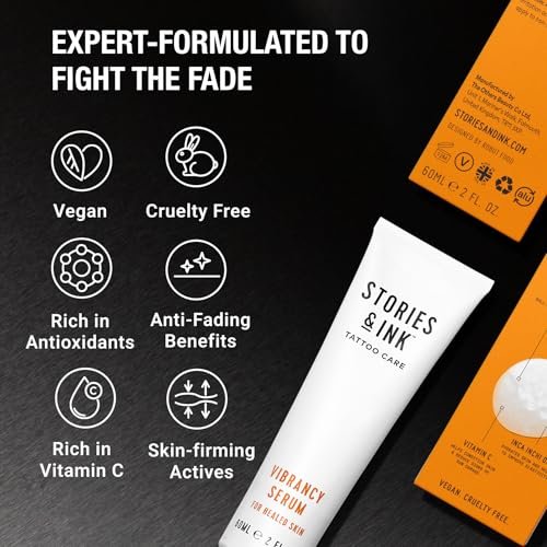 Stories & Ink Tattoo Care Vibrancy Serum – Brightening Treatment for Healed Tattoos, Restores Faded Ink Color, Lightweight Hydrating Aftercare, 60 mL (2 Fl Oz) Avelisse