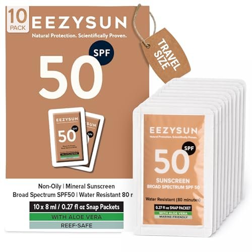 EEZYSUN Mineral Sunscreen SPF 50 Travel Size, 10 Snap Packets x 0.27 fl oz - Non-Greasy, Weightless, Sweat-Resistant, Reef-Safe Mineral Based Sunscreen for Face, Body with Aloe Vera - All Skin Types Avelisse