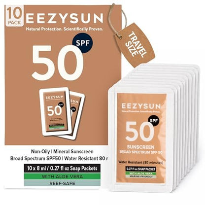 EEZYSUN Mineral Sunscreen SPF 50 Travel Size, 10 Snap Packets x 0.27 fl oz - Non-Greasy, Weightless, Sweat-Resistant, Reef-Safe Mineral Based Sunscreen for Face, Body with Aloe Vera - All Skin Types Avelisse