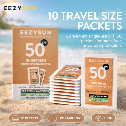 EEZYSUN Mineral Sunscreen SPF 50 Travel Size, 10 Snap Packets x 0.27 fl oz - Non-Greasy, Weightless, Sweat-Resistant, Reef-Safe Mineral Based Sunscreen for Face, Body with Aloe Vera - All Skin Types Avelisse