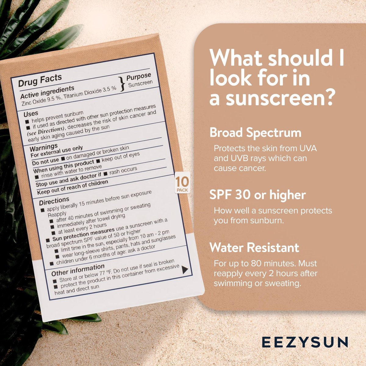 EEZYSUN Mineral Sunscreen SPF 50 Travel Size, 10 Snap Packets x 0.27 fl oz - Non-Greasy, Weightless, Sweat-Resistant, Reef-Safe Mineral Based Sunscreen for Face, Body with Aloe Vera - All Skin Types Avelisse