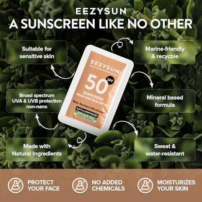 EEZYSUN Mineral Sunscreen SPF 50 Travel Size, 10 Snap Packets x 0.27 fl oz - Non-Greasy, Weightless, Sweat-Resistant, Reef-Safe Mineral Based Sunscreen for Face, Body with Aloe Vera - All Skin Types Avelisse
