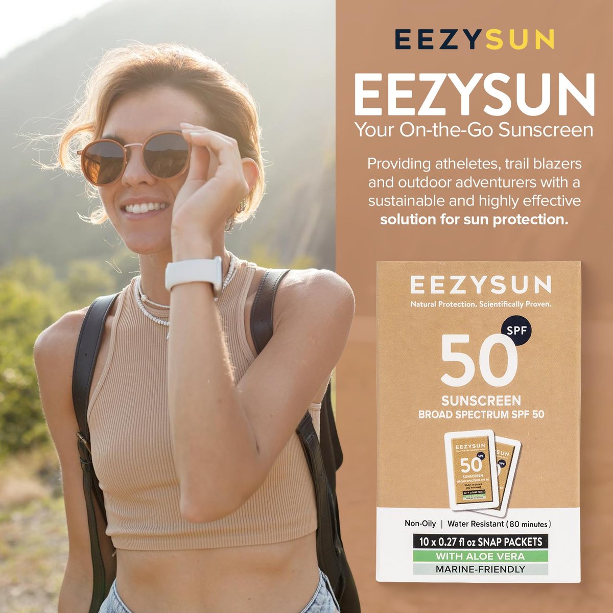 EEZYSUN Mineral Sunscreen SPF 50 Travel Size, 10 Snap Packets x 0.27 fl oz - Non-Greasy, Weightless, Sweat-Resistant, Reef-Safe Mineral Based Sunscreen for Face, Body with Aloe Vera - All Skin Types Avelisse