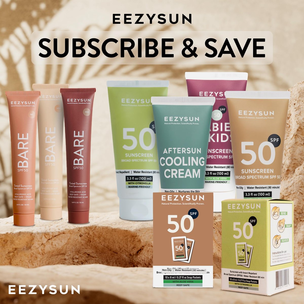 EEZYSUN Mineral Sunscreen SPF 50 Travel Size, 10 Snap Packets x 0.27 fl oz - Non-Greasy, Weightless, Sweat-Resistant, Reef-Safe Mineral Based Sunscreen for Face, Body with Aloe Vera - All Skin Types Avelisse