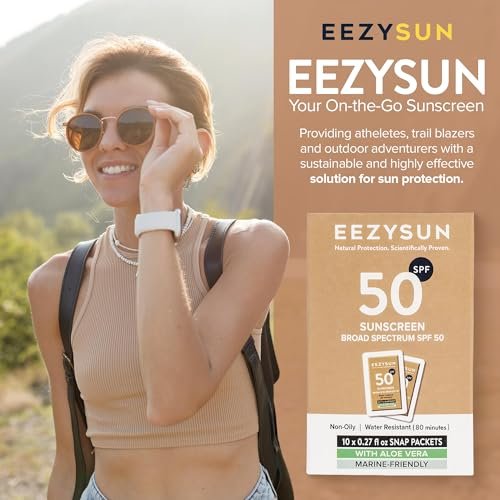 EEZYSUN Mineral Sunscreen SPF 50 Travel Size, 10 Snap Packets x 0.27 fl oz - Non-Greasy, Weightless, Sweat-Resistant, Reef-Safe Mineral Based Sunscreen for Face, Body with Aloe Vera - All Skin Types Avelisse