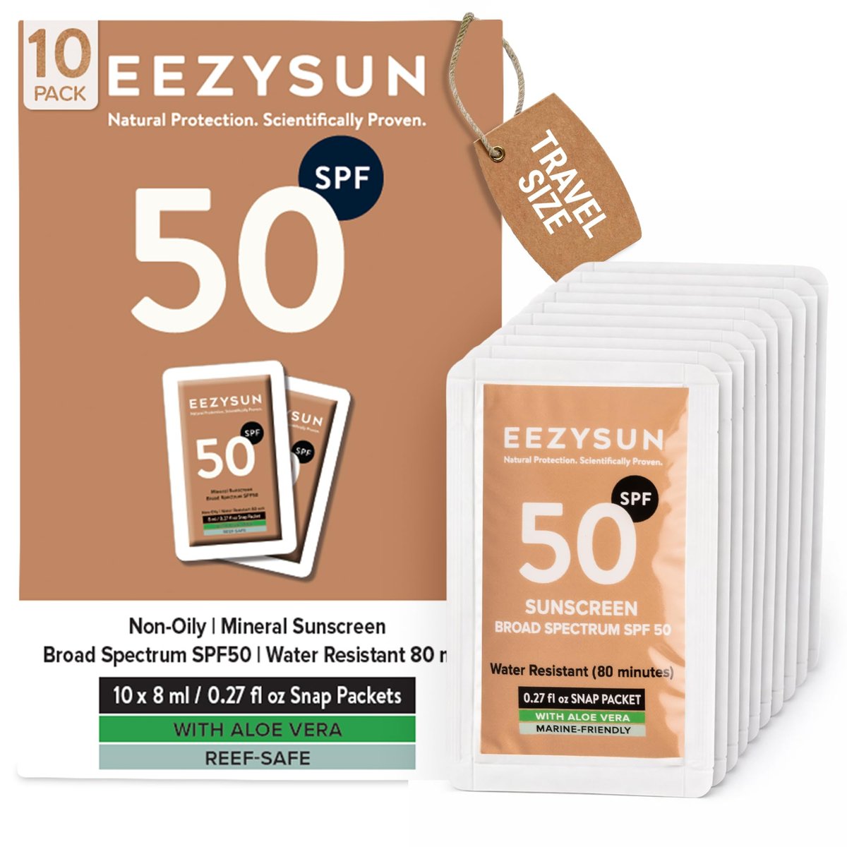 EEZYSUN Mineral Sunscreen SPF 50 Travel Size, 10 Snap Packets x 0.27 fl oz - Non-Greasy, Weightless, Sweat-Resistant, Reef-Safe Mineral Based Sunscreen for Face, Body with Aloe Vera - All Skin Types Avelisse