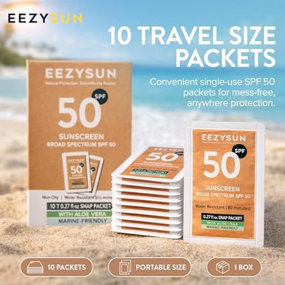 EEZYSUN Mineral Sunscreen SPF 50 Travel Size, 10 Snap Packets x 0.27 fl oz - Non-Greasy, Weightless, Sweat-Resistant, Reef-Safe Mineral Based Sunscreen for Face, Body with Aloe Vera - All Skin Types Avelisse