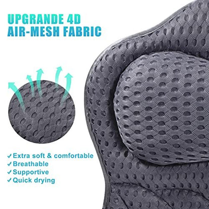 Fitheaven Bath Pillow - Gray, Non-Slip Suction Cups & 3D AirMesh - Comfortable Tub Pillow for Women & Men Avelisse