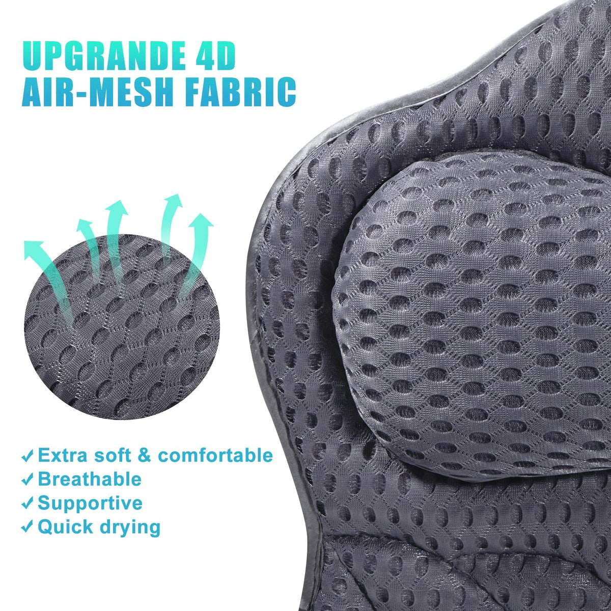 Fitheaven Bath Pillow - Gray, Non-Slip Suction Cups & 3D AirMesh - Comfortable Tub Pillow for Women & Men Avelisse