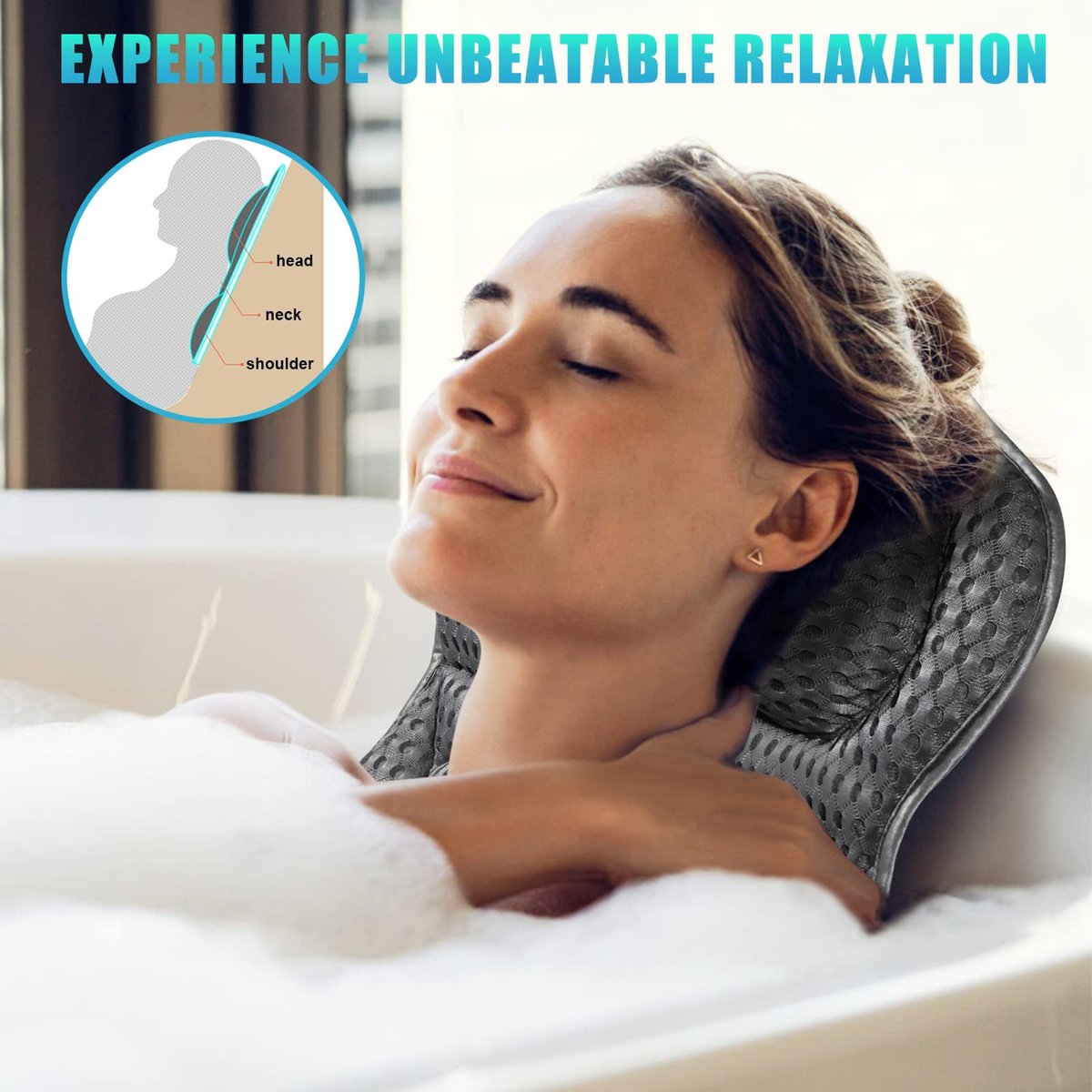 Fitheaven Bath Pillow - Gray, Non-Slip Suction Cups & 3D AirMesh - Comfortable Tub Pillow for Women & Men Avelisse