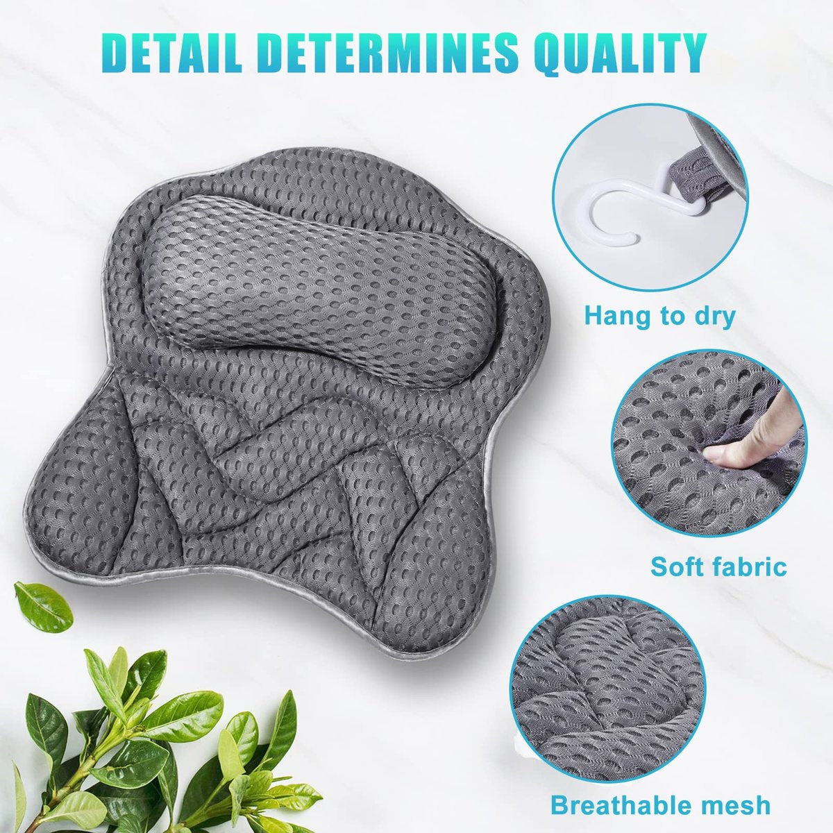 Fitheaven Bath Pillow - Gray, Non-Slip Suction Cups & 3D AirMesh - Comfortable Tub Pillow for Women & Men Avelisse