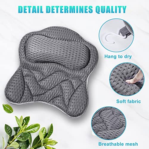 Fitheaven Bath Pillow - Gray, Non-Slip Suction Cups & 3D AirMesh - Comfortable Tub Pillow for Women & Men Avelisse