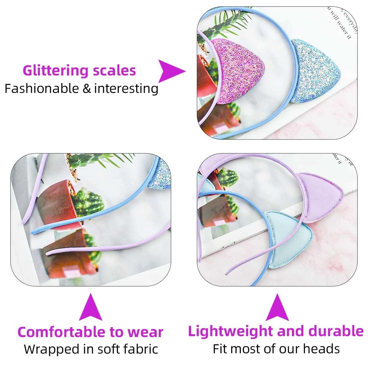 12 Pack Glitter Headbands with Sequin Cat Ears for Girls and Women - Cute Hair Accessories for Daily Wear and Party Decoration (Multicolor) - görsel 7
