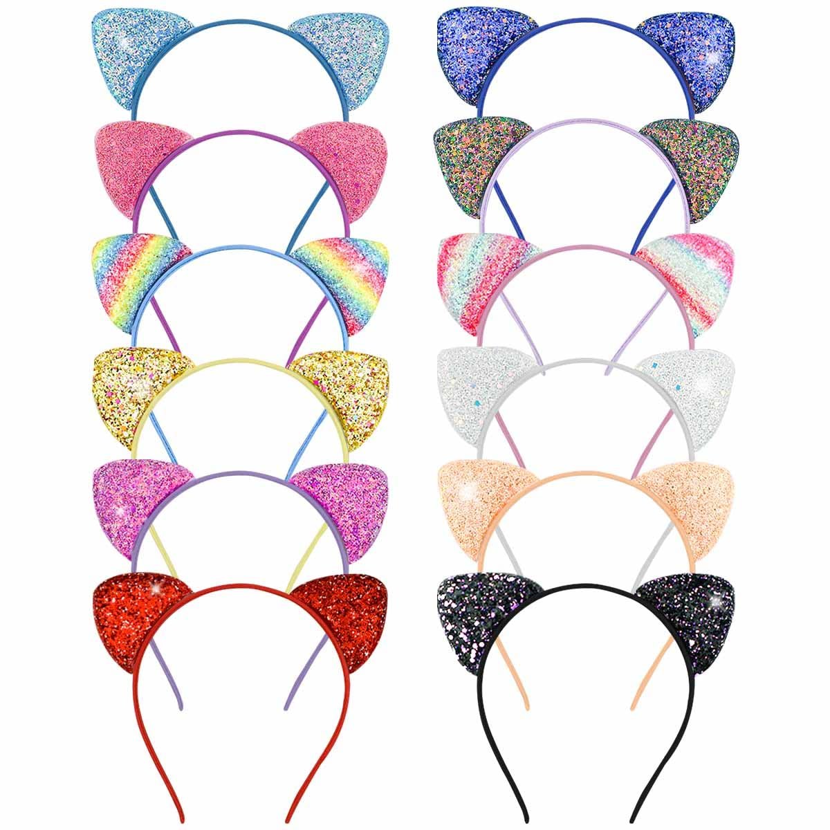 12 Pack Glitter Headbands with Sequin Cat Ears for Girls and Women - Cute Hair Accessories for Daily Wear and Party Decoration (Multicolor) - görsel 1