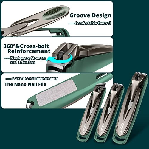 SZQHT 3-Pack Nail Clippers Set - Stainless Steel Fingernail & Toenail Clippers with Catcher for Thick Nails, Men, Women, Seniors - Ultra Sharp Sturdy Mess-Free Nail Cutter Kit (Gray-Green) - görsel 12