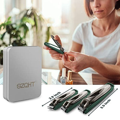 SZQHT 3-Pack Nail Clippers Set - Stainless Steel Fingernail & Toenail Clippers with Catcher for Thick Nails, Men, Women, Seniors - Ultra Sharp Sturdy Mess-Free Nail Cutter Kit (Gray-Green)