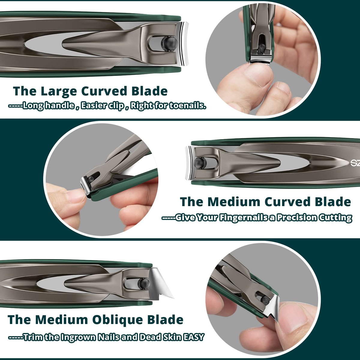 SZQHT 3-Pack Nail Clippers Set - Stainless Steel Fingernail & Toenail Clippers with Catcher for Thick Nails, Men, Women, Seniors - Ultra Sharp Sturdy Mess-Free Nail Cutter Kit (Gray-Green) - görsel 5