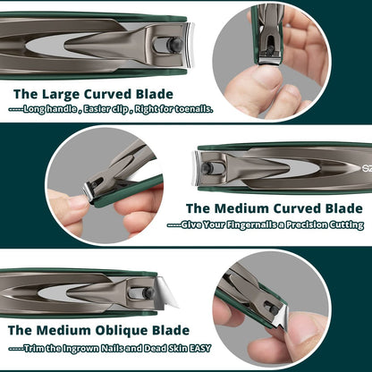 SZQHT 3-Pack Nail Clippers Set - Stainless Steel Fingernail & Toenail Clippers with Catcher for Thick Nails, Men, Women, Seniors - Ultra Sharp Sturdy Mess-Free Nail Cutter Kit (Gray-Green)