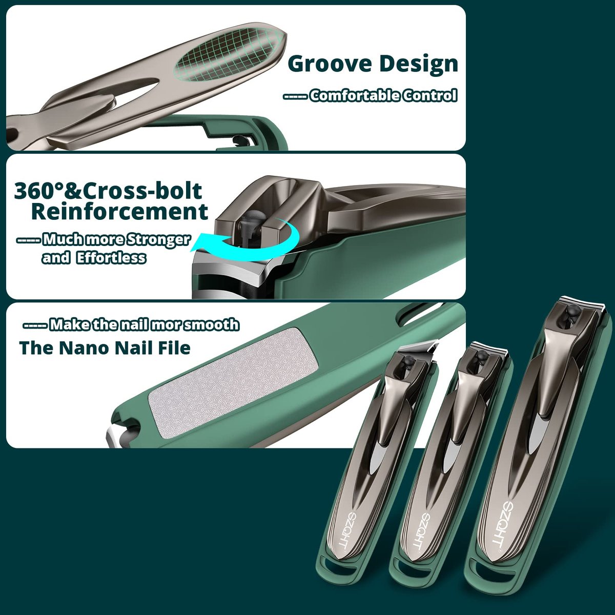 SZQHT 3-Pack Nail Clippers Set - Stainless Steel Fingernail & Toenail Clippers with Catcher for Thick Nails, Men, Women, Seniors - Ultra Sharp Sturdy Mess-Free Nail Cutter Kit (Gray-Green) - görsel 11