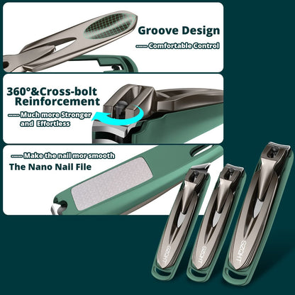 SZQHT 3-Pack Nail Clippers Set - Stainless Steel Fingernail & Toenail Clippers with Catcher for Thick Nails, Men, Women, Seniors - Ultra Sharp Sturdy Mess-Free Nail Cutter Kit (Gray-Green)