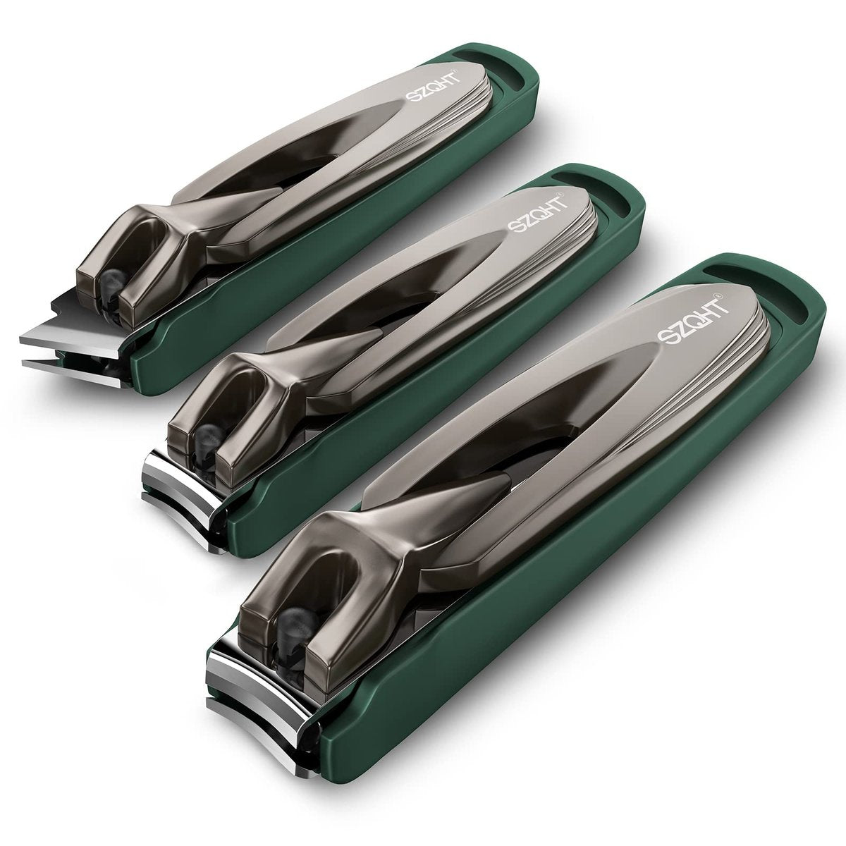 SZQHT 3-Pack Nail Clippers Set - Stainless Steel Fingernail & Toenail Clippers with Catcher for Thick Nails, Men, Women, Seniors - Ultra Sharp Sturdy Mess-Free Nail Cutter Kit (Gray-Green) - görsel 1