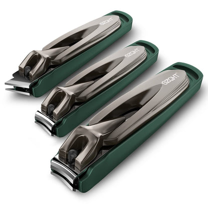 SZQHT 3-Pack Nail Clippers Set - Stainless Steel Fingernail & Toenail Clippers with Catcher for Thick Nails, Men, Women, Seniors - Ultra Sharp Sturdy Mess-Free Nail Cutter Kit (Gray-Green)