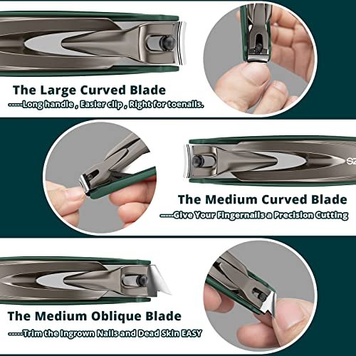 SZQHT 3-Pack Nail Clippers Set - Stainless Steel Fingernail & Toenail Clippers with Catcher for Thick Nails, Men, Women, Seniors - Ultra Sharp Sturdy Mess-Free Nail Cutter Kit (Gray-Green) - görsel 6