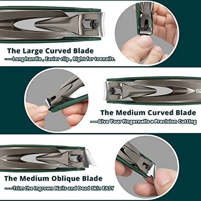 SZQHT 3-Pack Nail Clippers Set - Stainless Steel Fingernail & Toenail Clippers with Catcher for Thick Nails, Men, Women, Seniors - Ultra Sharp Sturdy Mess-Free Nail Cutter Kit (Gray-Green)
