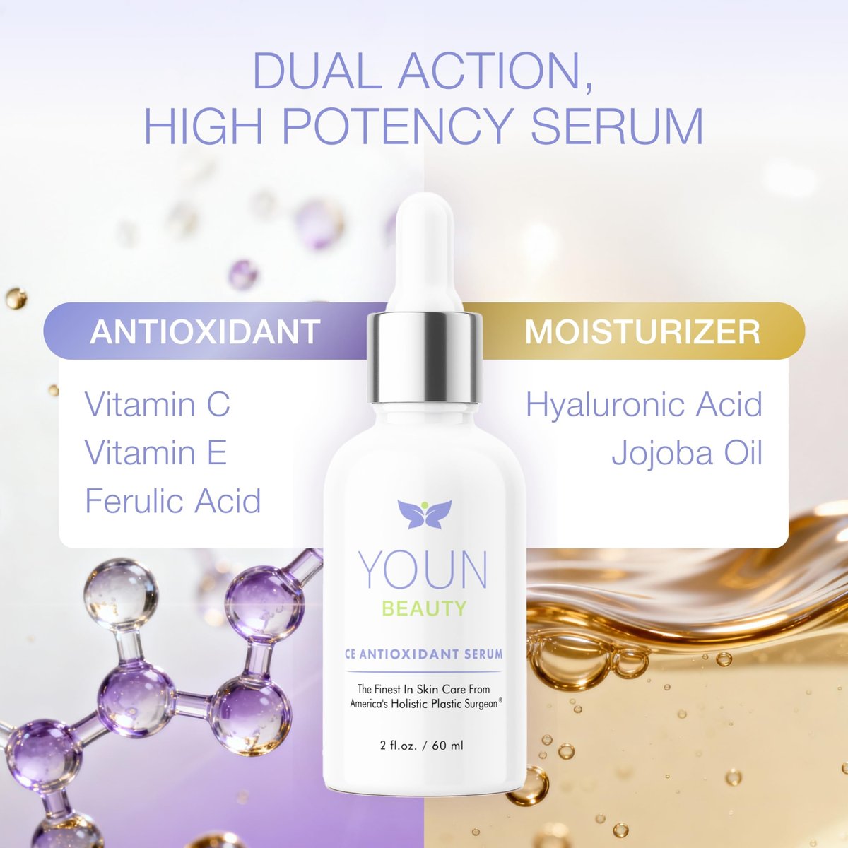 YOUN Beauty 20% Vitamin C Face Serum with Hyaluronic Acid, Ferulic Acid & Vitamin E | Antioxidant Serum for Skin Hydration, 60 ml Avelisse
