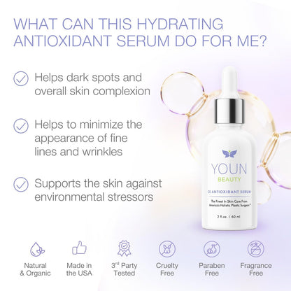 YOUN Beauty 20% Vitamin C Face Serum with Hyaluronic Acid, Ferulic Acid & Vitamin E | Antioxidant Serum for Skin Hydration, 60 ml Avelisse