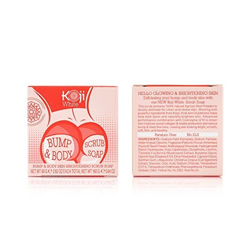 Koji White Kojic Acid Bump Eraser Body Scrub Soap for Exfoliation - Butt, Elbow, Underarm with Glutathione, Coenzyme Q10, Skin Brightening - Fade Dark Spots, Fine Lines and Wrinkles, 2.82 oz (2 Bars) Avelisse