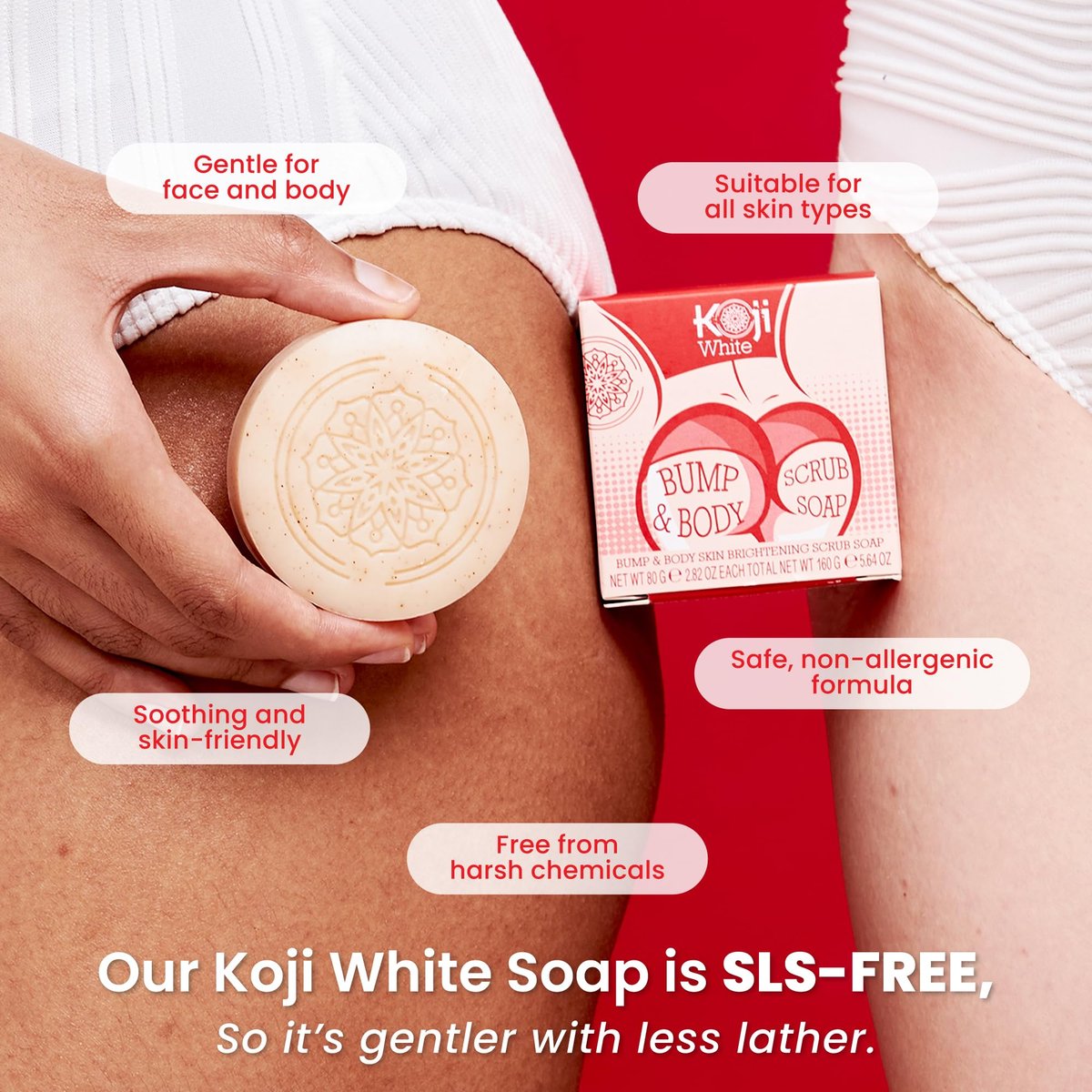 Koji White Kojic Acid Bump Eraser Body Scrub Soap for Exfoliation - Butt, Elbow, Underarm with Glutathione, Coenzyme Q10, Skin Brightening - Fade Dark Spots, Fine Lines and Wrinkles, 2.82 oz (2 Bars) Avelisse