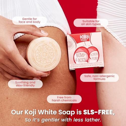 Koji White Kojic Acid Bump Eraser Body Scrub Soap for Exfoliation - Butt, Elbow, Underarm with Glutathione, Coenzyme Q10, Skin Brightening - Fade Dark Spots, Fine Lines and Wrinkles, 2.82 oz (2 Bars) Avelisse