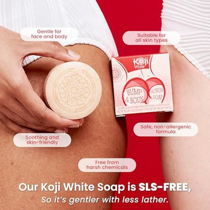 Koji White Kojic Acid Bump Eraser Body Scrub Soap for Exfoliation - Butt, Elbow, Underarm with Glutathione, Coenzyme Q10, Skin Brightening - Fade Dark Spots, Fine Lines and Wrinkles, 2.82 oz (2 Bars) Avelisse