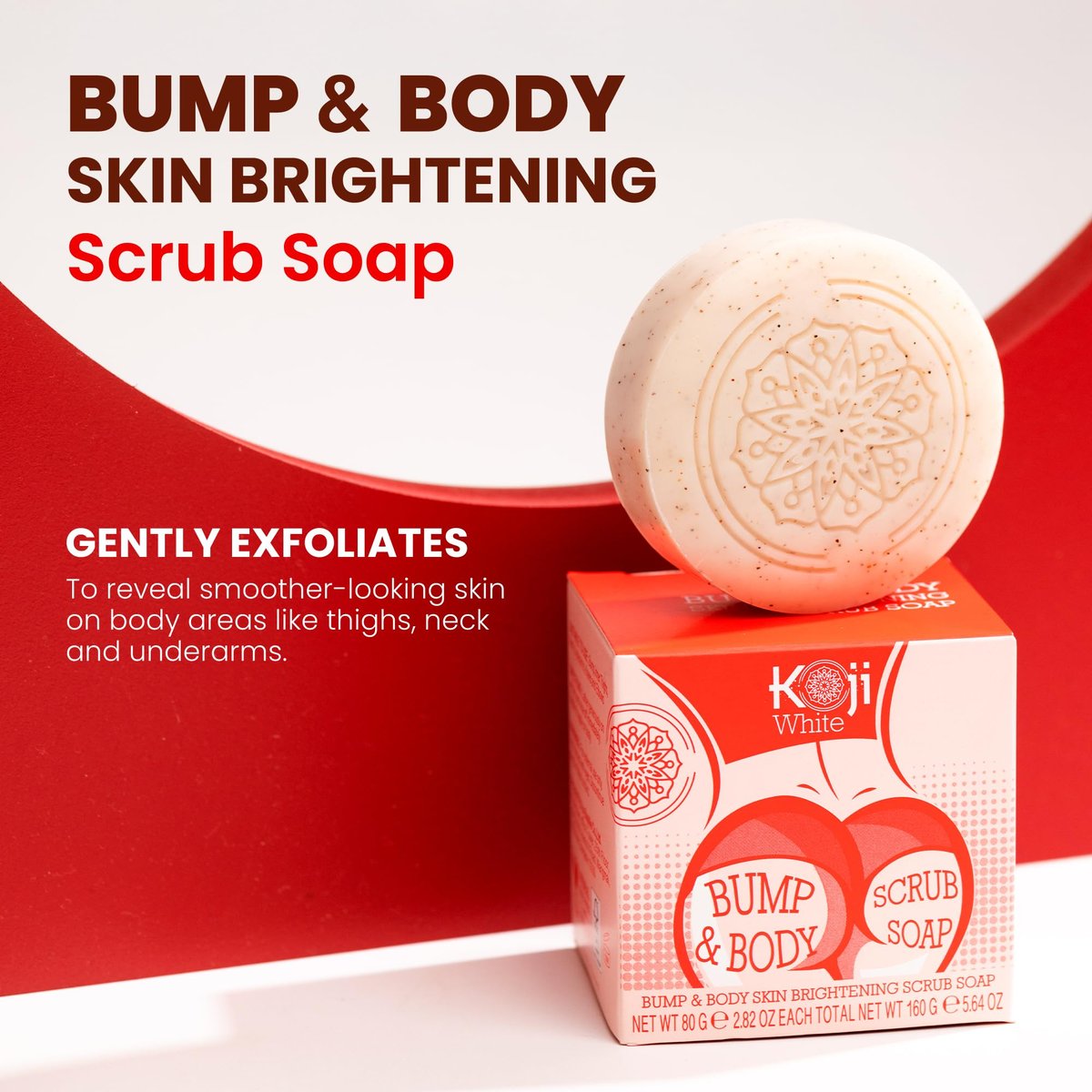 Koji White Kojic Acid Bump Eraser Body Scrub Soap for Exfoliation - Butt, Elbow, Underarm with Glutathione, Coenzyme Q10, Skin Brightening - Fade Dark Spots, Fine Lines and Wrinkles, 2.82 oz (2 Bars) Avelisse