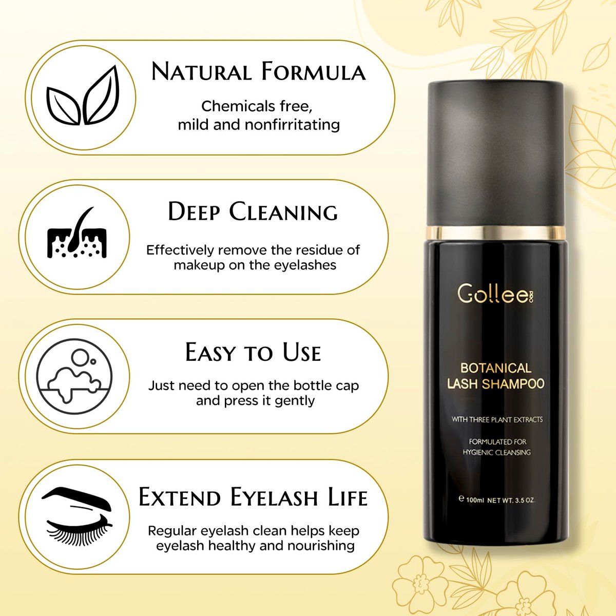 GOLLEEPRO Lash Shampoo - 100 ML Eyelash Extension Cleanser with Brush, Paraben & Sulfate Free, Safe Makeup Remover for Natural Lashes & Extensions Avelisse