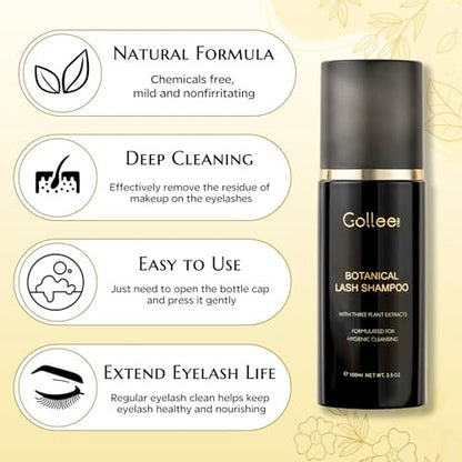 GOLLEEPRO Lash Shampoo - 100 ML Eyelash Extension Cleanser with Brush, Paraben & Sulfate Free, Safe Makeup Remover for Natural Lashes & Extensions Avelisse