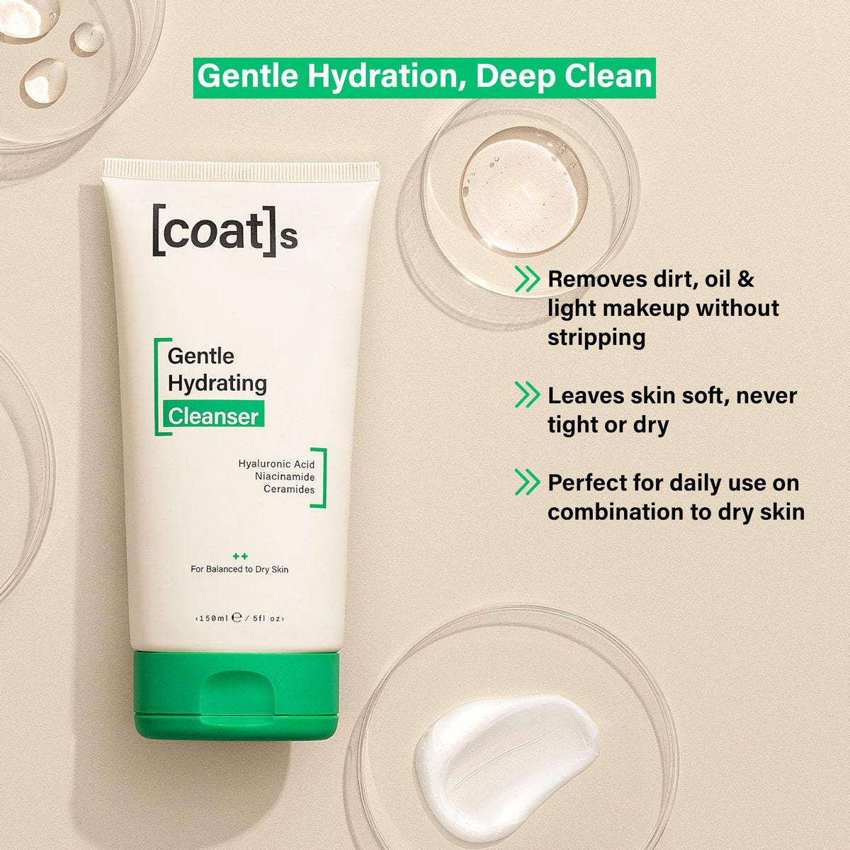 COATS Gentle Hydrating Cleanser – Moisturizing Face Wash with Hyaluronic Acid, Fragrance-Free & Vegan for Combo to Dry Skin (5 oz) Avelisse