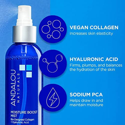 Andalou Naturals Moisture Boost Face Mist with Hyaluronic Acid & Collagen – Hydrating Facial Spray for Dry & Dehydrated Skin, 6 fl oz Avelisse
