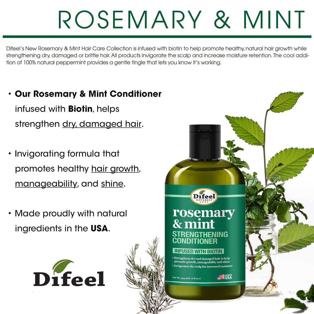 Difeel Rosemary and Mint Hair Strengthening Shampoo & Conditioner Set with Biotin - Sulfate Free, Paraben Free, 12 oz Each (2-PC Boxed Set) Avelisse