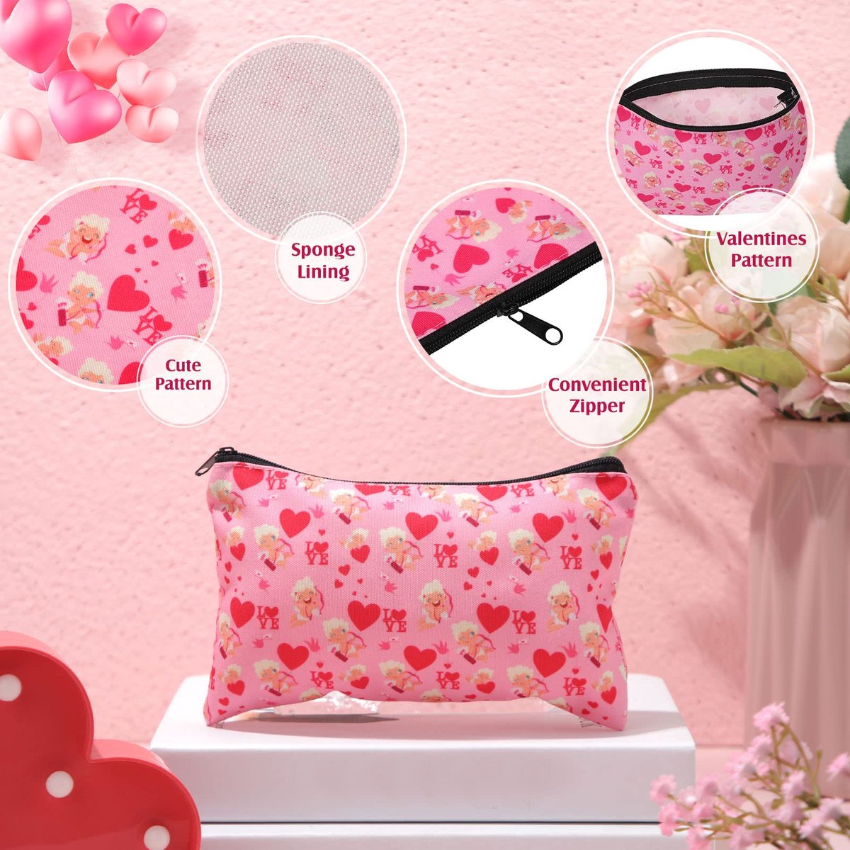 Reginary 14 Pcs Valentines Makeup Bag Bulk - Heart Cosmetic Bags Gift Set for Women, Pink Red Travel Pouches with Zipper - görsel 3