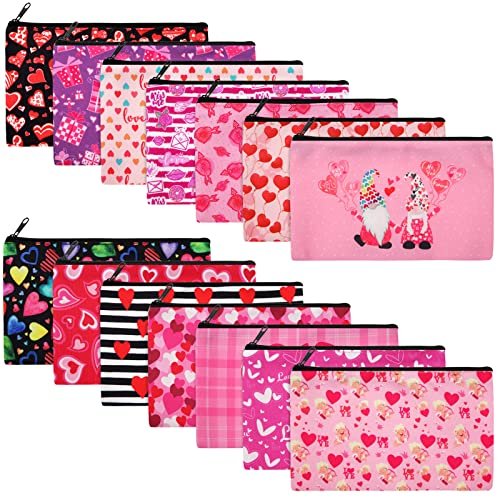 Reginary 14 Pcs Valentines Makeup Bag Bulk - Heart Cosmetic Bags Gift Set for Women, Pink Red Travel Pouches with Zipper - görsel 2