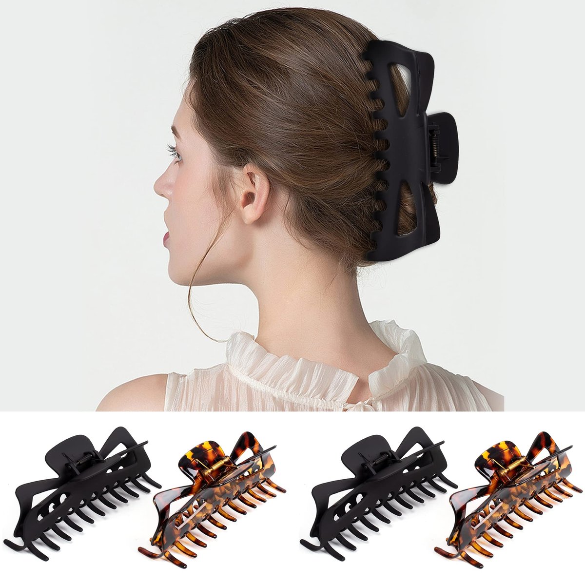 Antmoilios Extra Large Claw Clips for Thick Hair - 6.4 Inch Strong Hold Matte Jumbo Hair Clips for Women, Non-Slip Big Jaw Clip, 4 Pack (Black, Brown Leopard) Avelisse