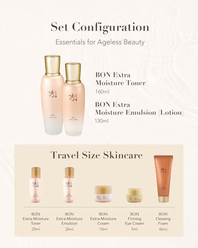 Sooryehan Bon Extra Moisture Korean Skin Care Gift Set – Luxury Hydrating Toner, Emulsion Lotion, Cleansing Foam & Eye Cream (13.01 Fl Oz) by LG Beauty Avelisse