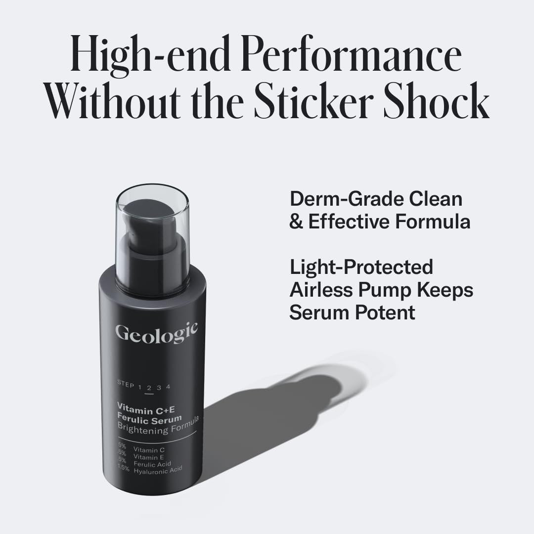 Geologie Vitamin C+E Ferulic Acid Face Serum – Brightening & Firming Anti-Aging Gel Formula with 5% Stabilized Vitamin C, 0.5% Vitamin E, 1.5% Hyaluronic Acid, 30 ML Avelisse