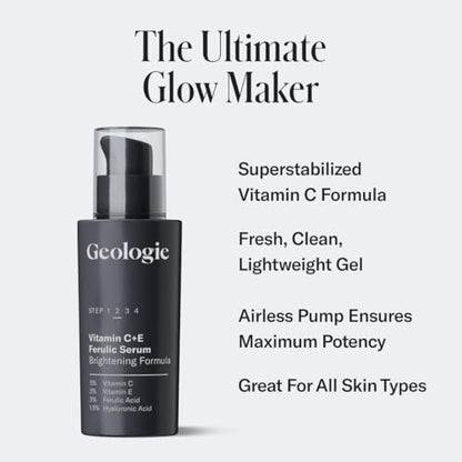 Geologie Vitamin C+E Ferulic Acid Face Serum – Brightening & Firming Anti-Aging Gel Formula with 5% Stabilized Vitamin C, 0.5% Vitamin E, 1.5% Hyaluronic Acid, 30 ML Avelisse