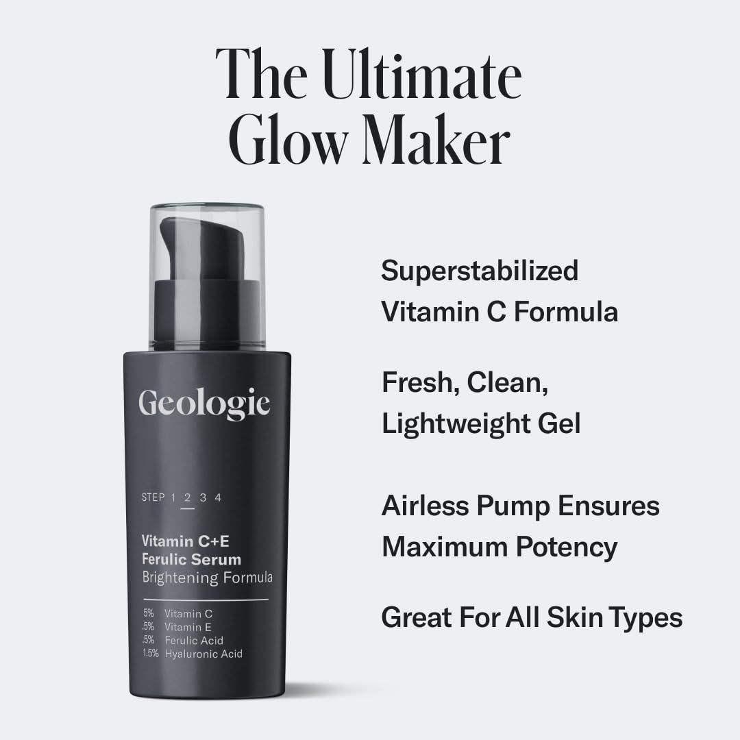 Geologie Vitamin C+E Ferulic Acid Face Serum – Brightening & Firming Anti-Aging Gel Formula with 5% Stabilized Vitamin C, 0.5% Vitamin E, 1.5% Hyaluronic Acid, 30 ML Avelisse