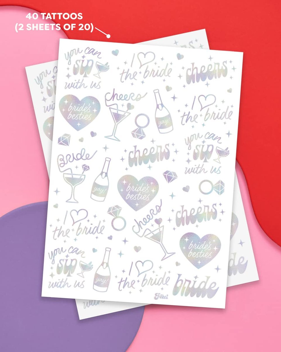 xo, Fetti Cheers Bachelorette Temporary Tattoos - 40 Iridescent Styles | Bachelorette Party Decoration, Bridesmaid Favor + Bride To Be - görsel 3